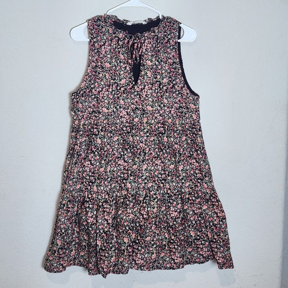 BB Dakota Black Floral Midi Dress with Pink & Cream Print